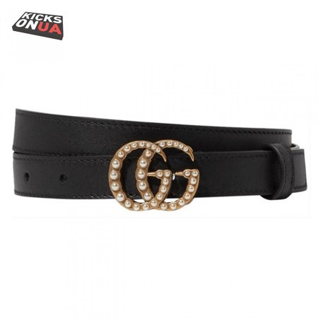 GUCCI BLACK FAUX PEARL-EMBELLISHED LEATHER BELT - B44